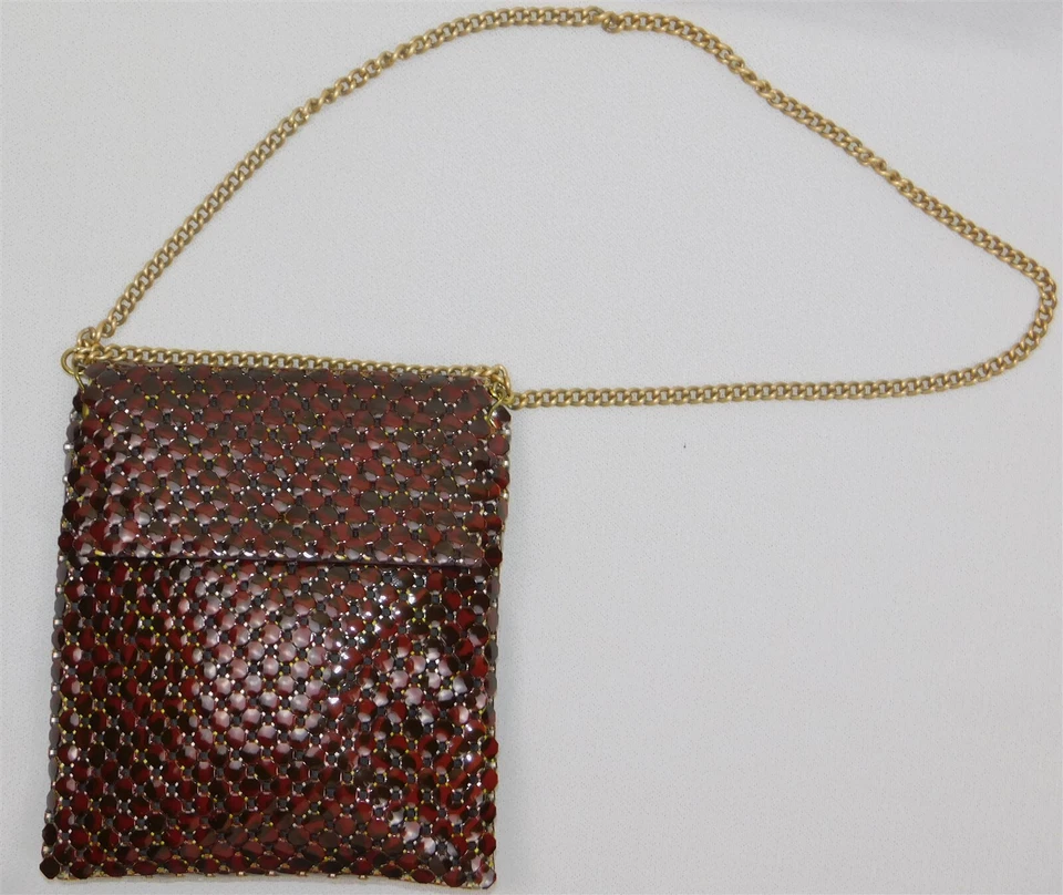 Vtg Whiting & Davis Red Brown Print Mesh MOD Purse Evening Bag with Gold Strap - Image 2 of 4