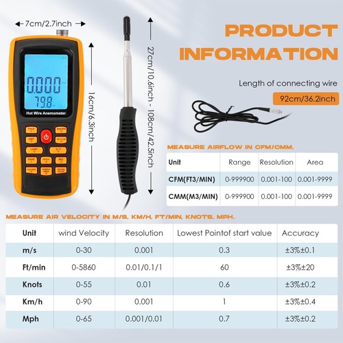Hotwire Anemometer Handheld CFM/CMM Air Flow Velocity Meter LCD Disp | eBay
