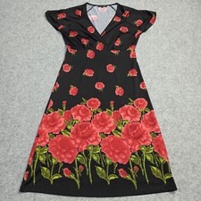 King Louie Robe Femmes D-38 Taille M Noir Rouge Floral Jersey Stretch Genou Long