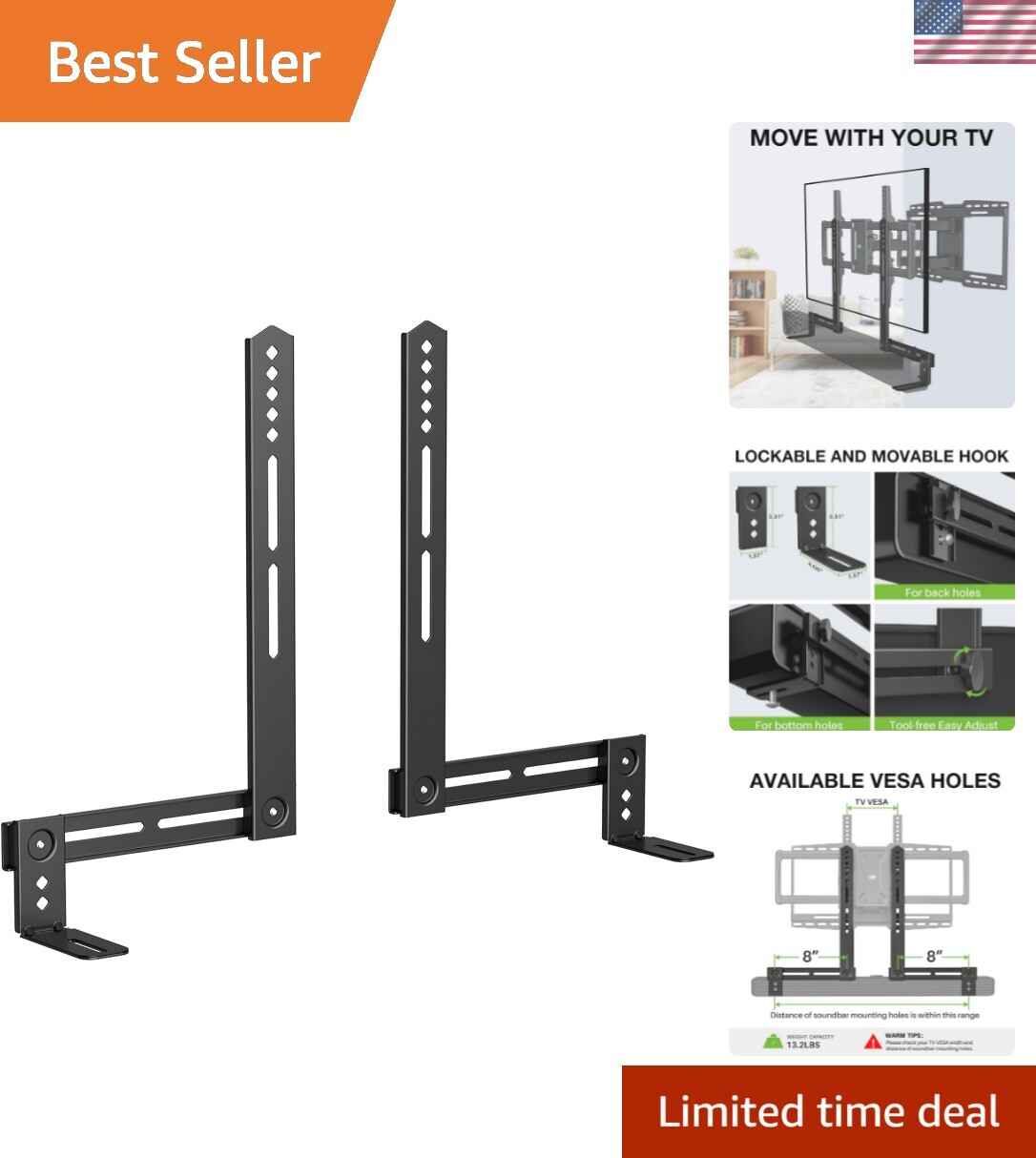 Effortless Soundbar Mount for TV - Adjustable Hooks and No Drilling Required-image