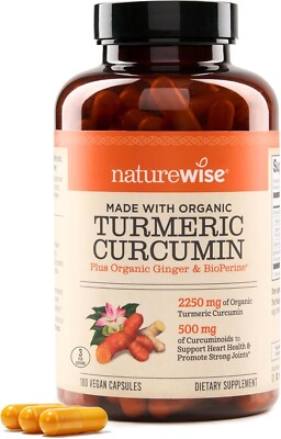 Organic Turmeric Curcumin 2250mg 95% curcuminoids w/ Ginger Black Pepper 180 Ct