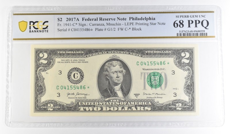 2017 A $2 Philadelphia PA FRN Star Note Fr#1941-C* Gem Unc 68 PPQ PCGS a8880