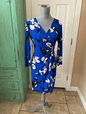 CALVIN KLEIN, STRETCHY, LONG SLEEVE, V-NECK, FAUX WRAP SHEATH DRESS, 4