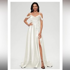 NWT JJs House Ivory Satin Prom Dress Cold Shoulder Rhinestone A-Line Train Sz 6