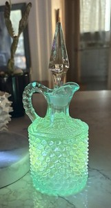 Antique Brockunier Blue Hobnail Cruet Diamond Point Flame Stopper Glows Fenton?