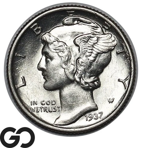 1937 Mercury Dime Full Split Bands, Solid Gem BU++ FSB