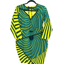 Asymmetrical African Print Yellow  Blue Long Sleeve Dress with Front Cutout