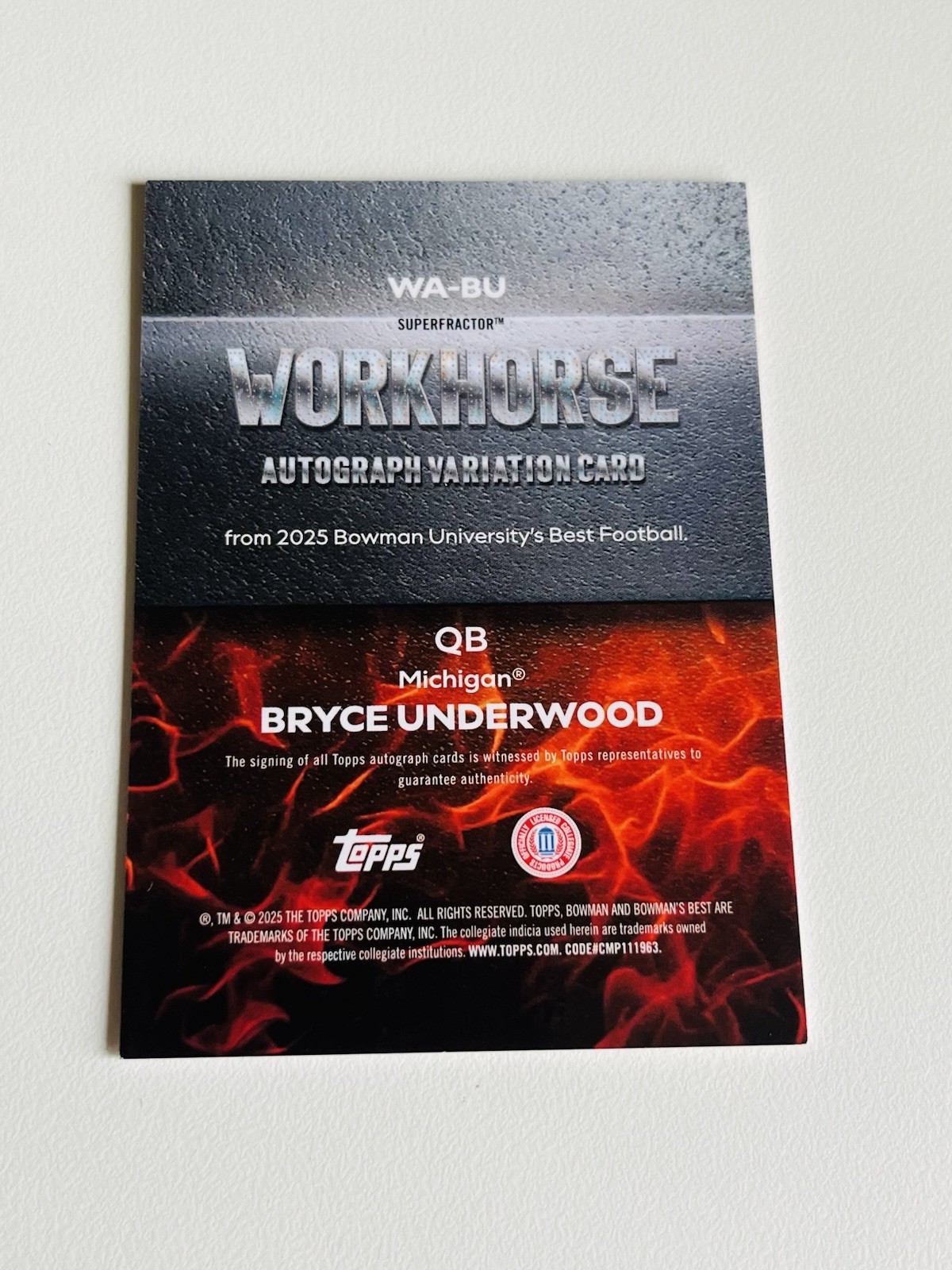 2025 Bowman Best U Football Bryce Underwood Workhorse Superfractor 1/1 Auto view 2