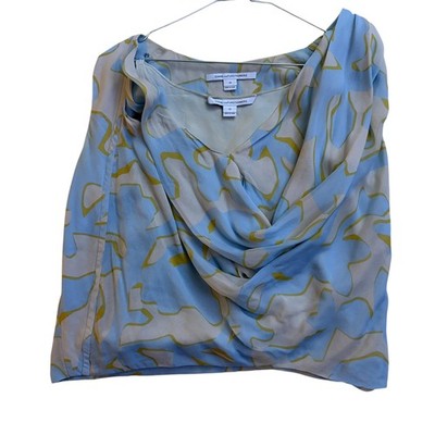 Diane Von Furstenberg Blouse Womens 12 Blue Silk Cowl Neck Sleeveless Lined