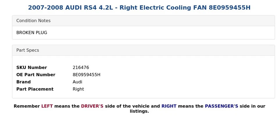 AUDI RS4 2007-2008 4,2 L - Ventilador de refrigeración eléctrico derecho 8E0959455H Foto 4 de 4