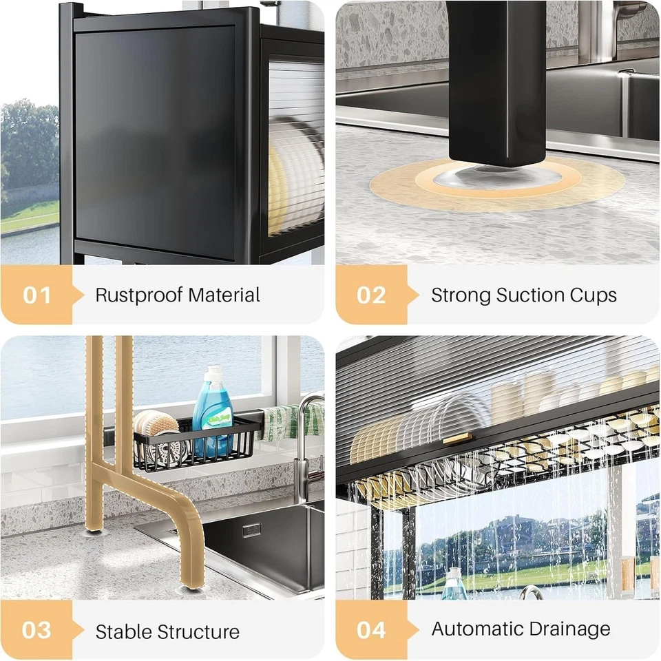 Over Sink 3-Tier Dish Drying Rack with Dust Cover & Kitchen Organizer (Black) - image 4 of 4