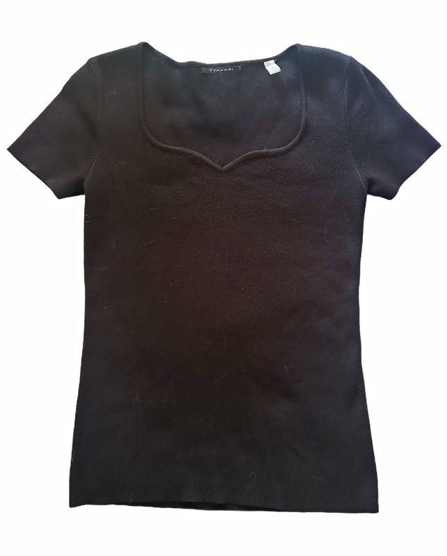 Tahari Black Solid Knit Square Neck Short Sleeve Pullover Top Petite S/P