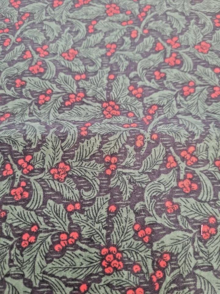 Dark Green and Red Holly Cotton Fabric Vintage - Image 2 of 2
