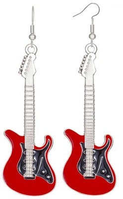 Guitar Music Earrings Bass Electric Dangle Drop Medium, Red 