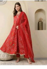 Women Red Bandhani Printed Anarkali Kurta Pant Dupatta Set Ethnic Wear M-3XL