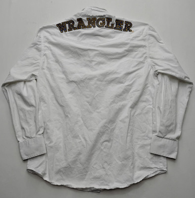Wrangler Western Shirt Mens M Button Down White Spell Out Long Sleeve Cowboy