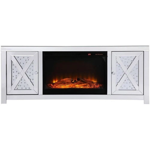 Elegant Decor Modern 2 Door 59" Clear Mirrored Faux Log Fireplace TV Stand - Picture 5 of 10