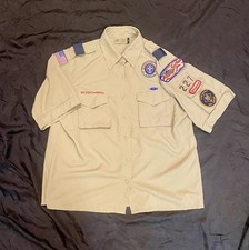 Boy Scouts of America Women's Large Shirt Tan Short Sleeve Iron On BSA Patches
