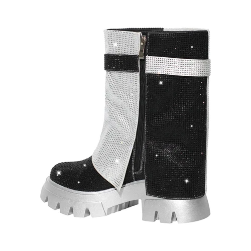 Mujeres Plata Negro Estrás Patchwork Media pantorrilla Pull on Botas de Moda - Imagen 10 de 17