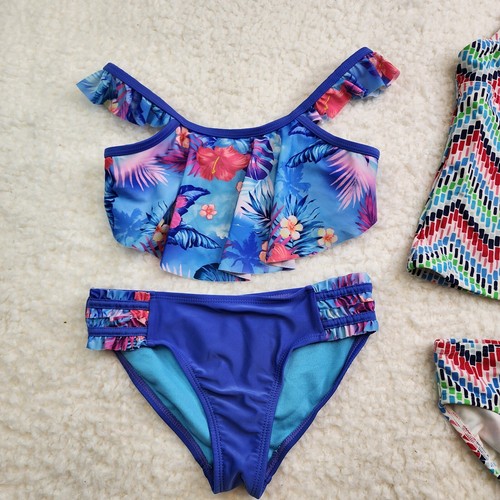 2pc LOT Swimsuit Bikini Floral 7-8 Tankini Lands End Chevron 8 Beach Vacation - Picture 2 of 6