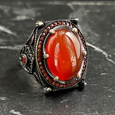 Men's Oval Red Aqeeq Gemstone Silver Ring , Silver French Royal Signet Ring