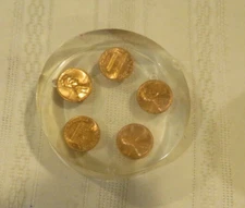 5 LINCOLN CENTS 1970 PENNIES COINS ENCASED IN ACRYLIC BLOCK PAPERWEIGHT VINTAGE