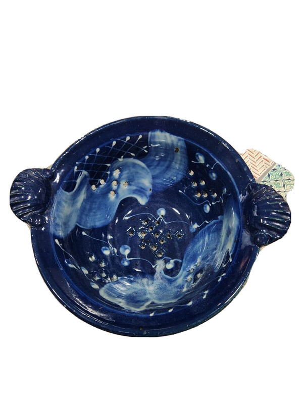 Studio Art Pottery Colander Handmade Shade of Cobalt Blue Signed