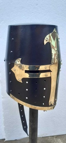 Medieval Crusader Helmet Templar Knight Helmet Black Finish Brass Design SCA ART - Picture 2 of 5