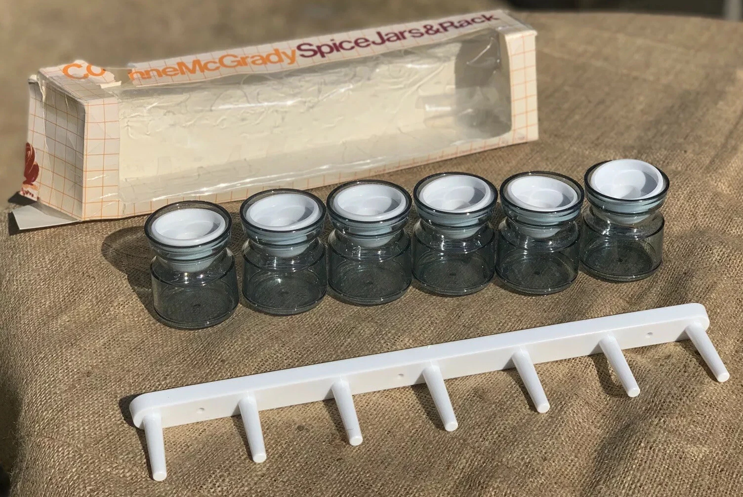 Vintage, Corinne McGrady Spice Jars & Racks, Wall Mount, Set Of 6, Smokey Gray