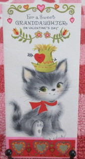 Vntg FORGET ME NOT Valentine Card For GRANDDAUGHTER Anthropomorphic GRAY KITTEN