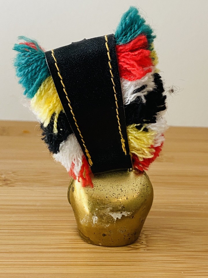 Vtg Signed Zurich Gstaad Hand Painted Brass Cowbell With Leather and