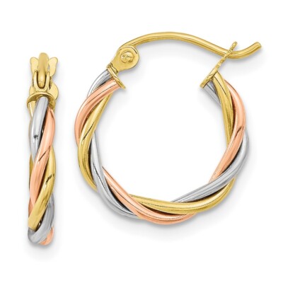 Echte 10K dreifarbig polierte 2,5 mm gedrehte Creolen; Damen & Herren