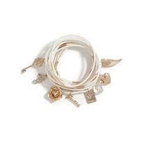 GUESS GOLD TONE, MULTI WOVEN WHITE CORD,CRYSTAL,HEART,KEY+MORE CHARM BRACELET