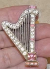 Vintage ORA Harp Clear Pink Glass Rhinestone Silvertone Brooch Costume Jewelry
