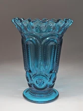 Vintage LE Smith Moon & Stars Blue Glass Ruffled Crimped Edge Vase 6.5" Tall