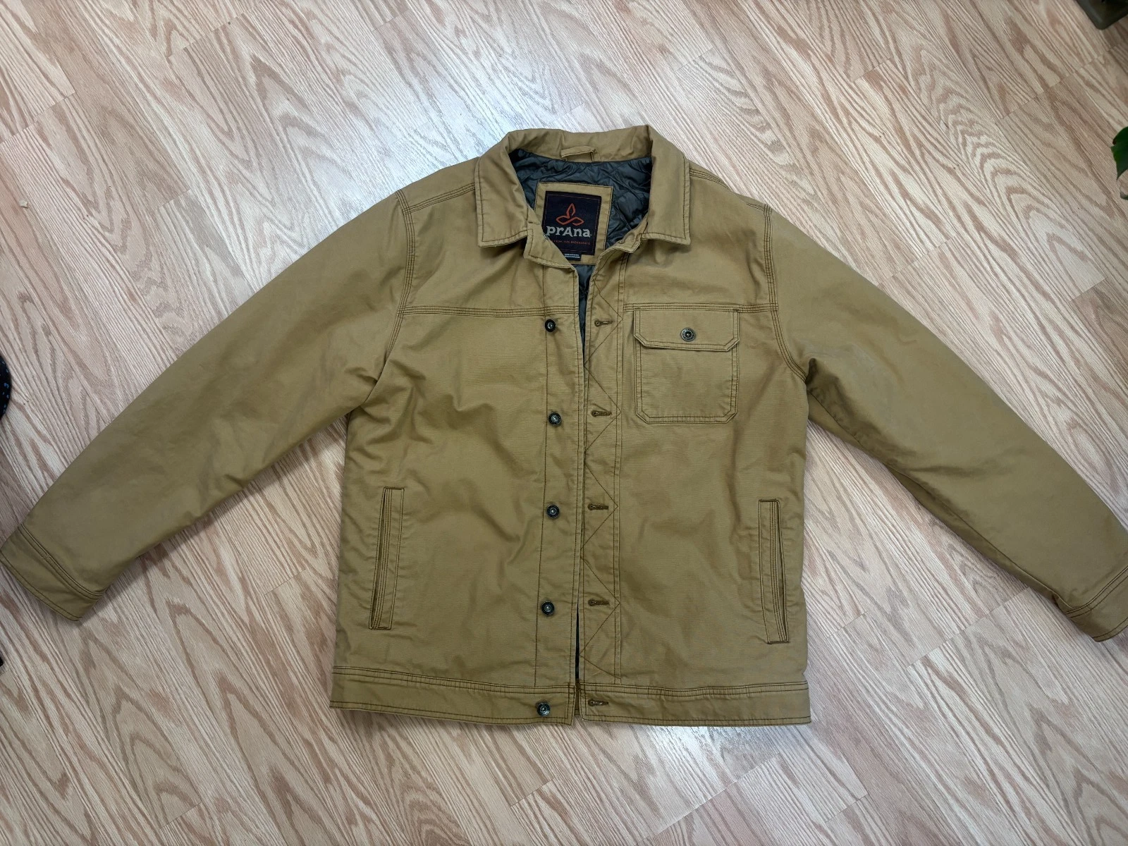 prAna Trembly Insulated Jacket Mens Large Tan Canvas Quilted Lined Button Front - product detail image 1