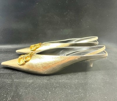 Balenciaga BB Knife Slingback Pumps Gold Leather Pointed Toe Heels EU 39 691740