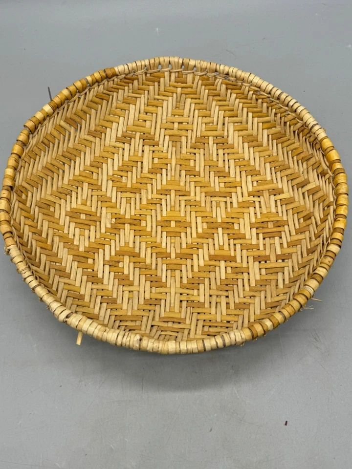 Bandeja de cesta redonda tejida a mano de ratán 12" X 3" usada LEER Foto 2 de 4