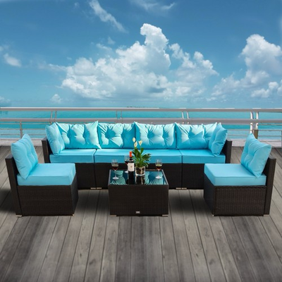 #ad 7 Piece Outdoor Patio Furniture Set Rattan Wicker w Glass Coffee Table $499.00