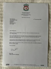 Original Liverpool FC Letter 2003 signed by Brian Hall ex Bill Shankly player