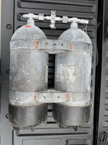(2) Vintage Steel Scuba Diving Cylinder Tanks With US Divers Co Manifold