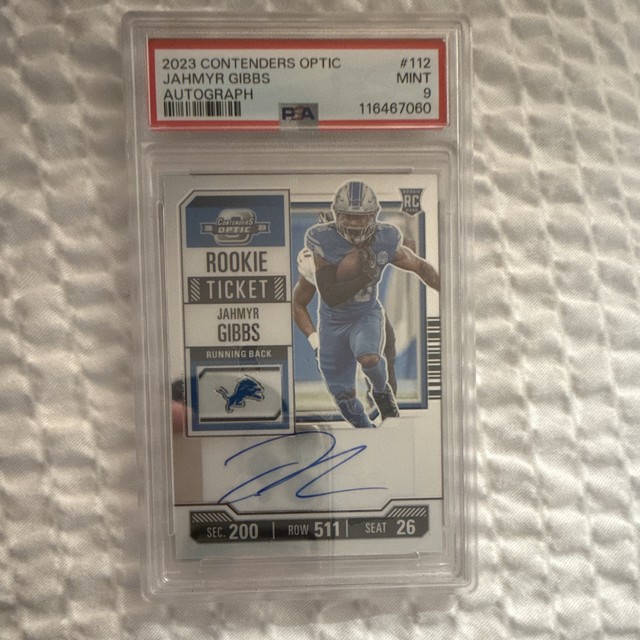 2023 Panini Contenders Optic Jahmyr Gibbs RC Auto Rookie Ticket #112 PSA 9