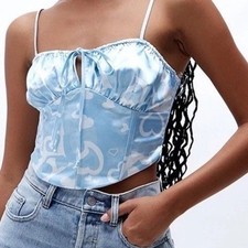 LA Hearts Heart Print Tie Front Corset Satin Cami Women S Baby Blue Y2K Fairy