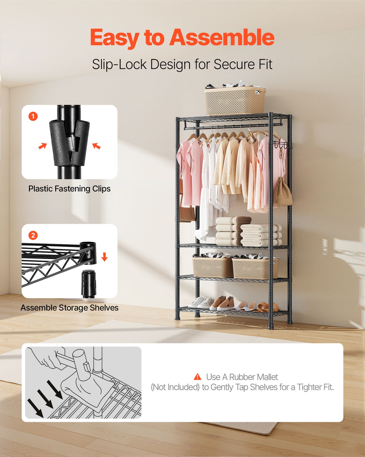 VEVOR Clothing Garment Rack 4 Tiers Adjustable Height Closet Wardrobe Rack Black