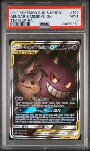 PSA 9 MINT Gengar & Mimikyu GX Team Up Full Art Holo 2019 Pokemon 165/181