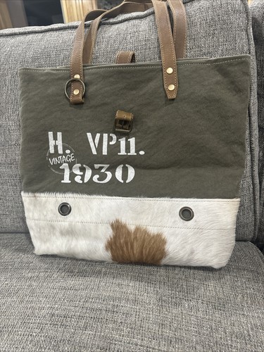 MYRA Olive Green USA Stamp Upcycled Canvas & Cowhide Fur Tote Bag