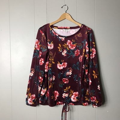 LOFT BURGANDY FLORAL VELOUR BLOUSE CINCHED DRAWSTRING HEM WOMENS SIZE LARGE