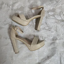 Top Moda Open Toe Platform Ankle Strap High Heels Size 6½ Champagne Glitter 
