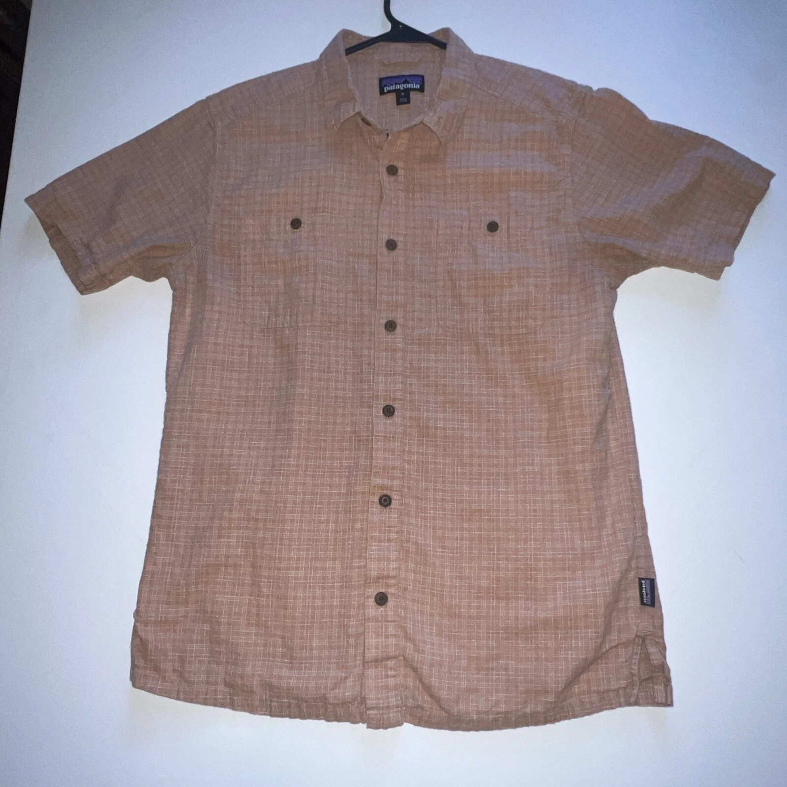 Patagonia Shirt Men Medium Orange Brown Short Sleeve Button Check Outdoor Hike