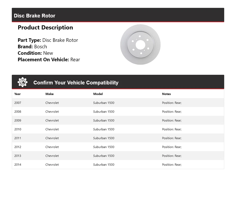 Rotor de freno de disco trasero 2008 para Chevrolet Suburban 1500 Bosch QuietCast 2007-2014 Foto 2 de 4